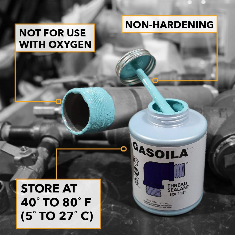 Soft-Set Gasoila Pipe Thread Sealant – Non-Hardening Paste for Metal & Plastic, 1/2 Pint with Brush Cap – Reliable Leak Prevention, Drip-Resistant, Temp Range -100 to 600°F, Made in USA