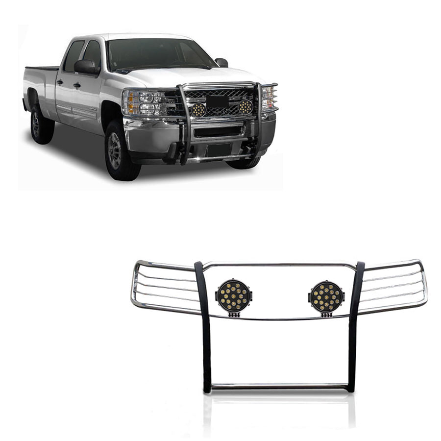 Bumper Guard Black Horse Grille brush Modular Stainless Steel Come With pair of 7.0"Dia.LED Lights with Black Trim Rings Compatible with 2007-2013 Chevrolet Silverado 1500-17A035700A2MSS-PLB