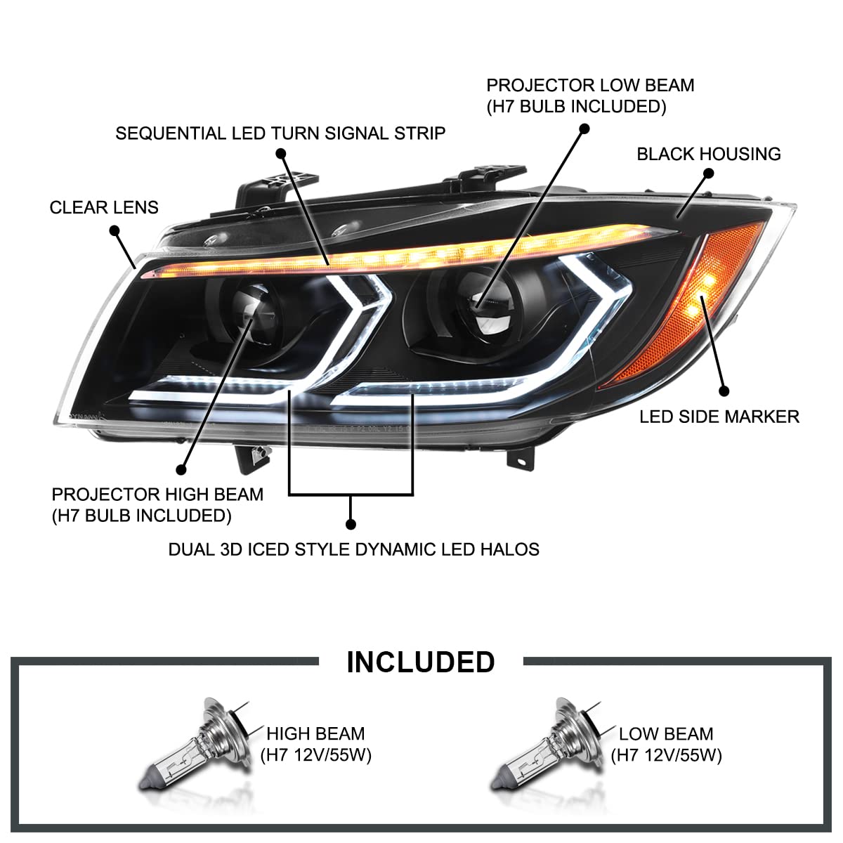 Dual Projector Headlights SPEC-D TUNING Black with 3D LED Tube and Startup Animation Compatible with 2006-2011 BMW 3-Series E90 Sedan/E91 Wagon, Left + Right Pair Headlamps Assembly
