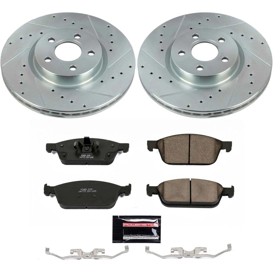 Power Stop K8175 Z23 Carbon Fiber Brake Pads with Drilled & Slotted Brake Rotors Kit For Ford Transit Connect 2018-2023 [Model Specific]