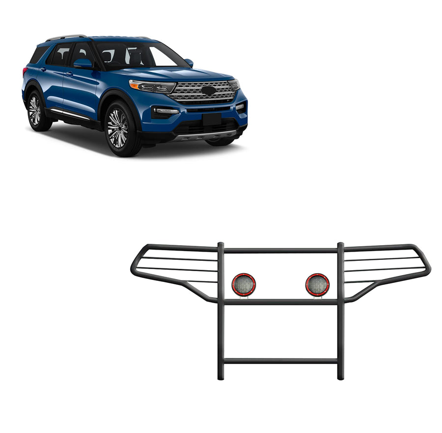 Bumper Guard Black Horse Grille Brush Modular Black Come with Pair of 5.3" Dia.LED Lights with Red Trim Rings Compatible with 2020-2024 Ford Explorer-17FJ31MA-PLFR