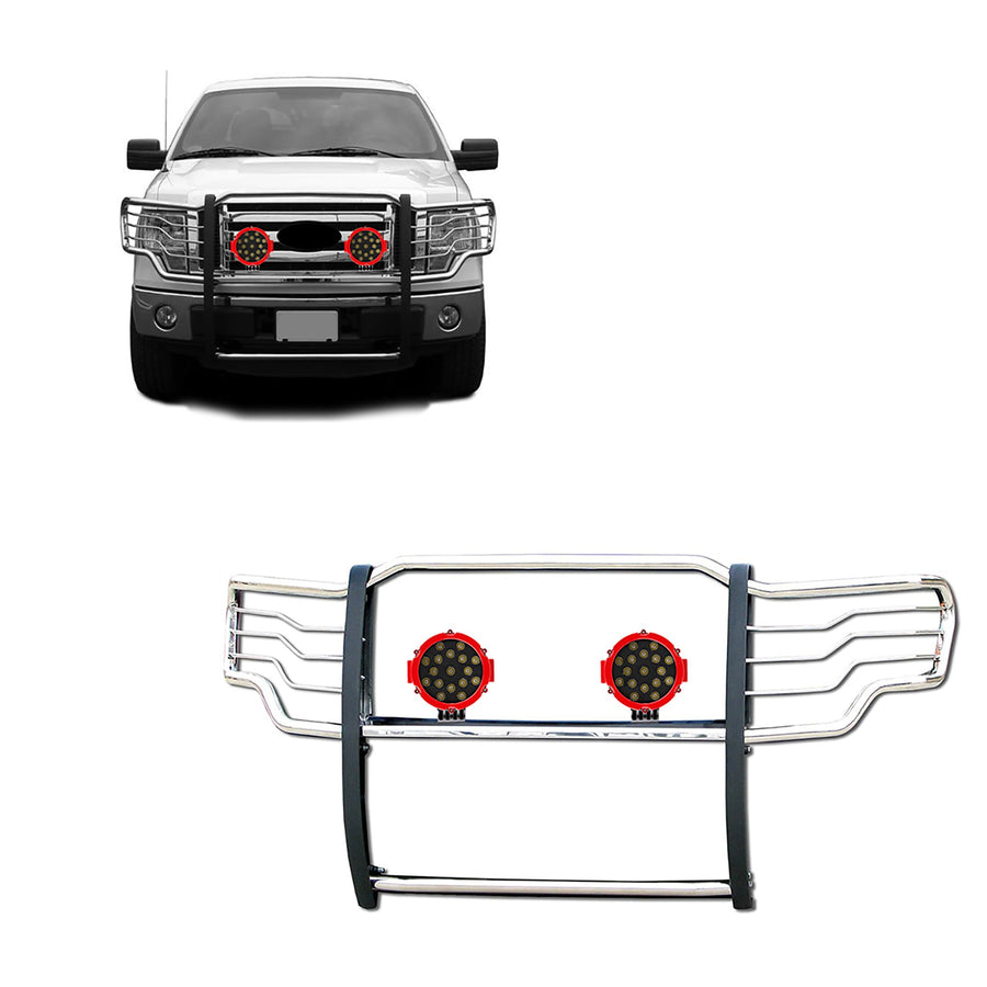 Grille Brush Black Horse Bumper Guard Modular Stainless Steel Come with Pair of 7.0" Dia.LED Lights with Red Trim Rings Compatible with 2009-2014 Ford F-150-17FP30MSS-PLR