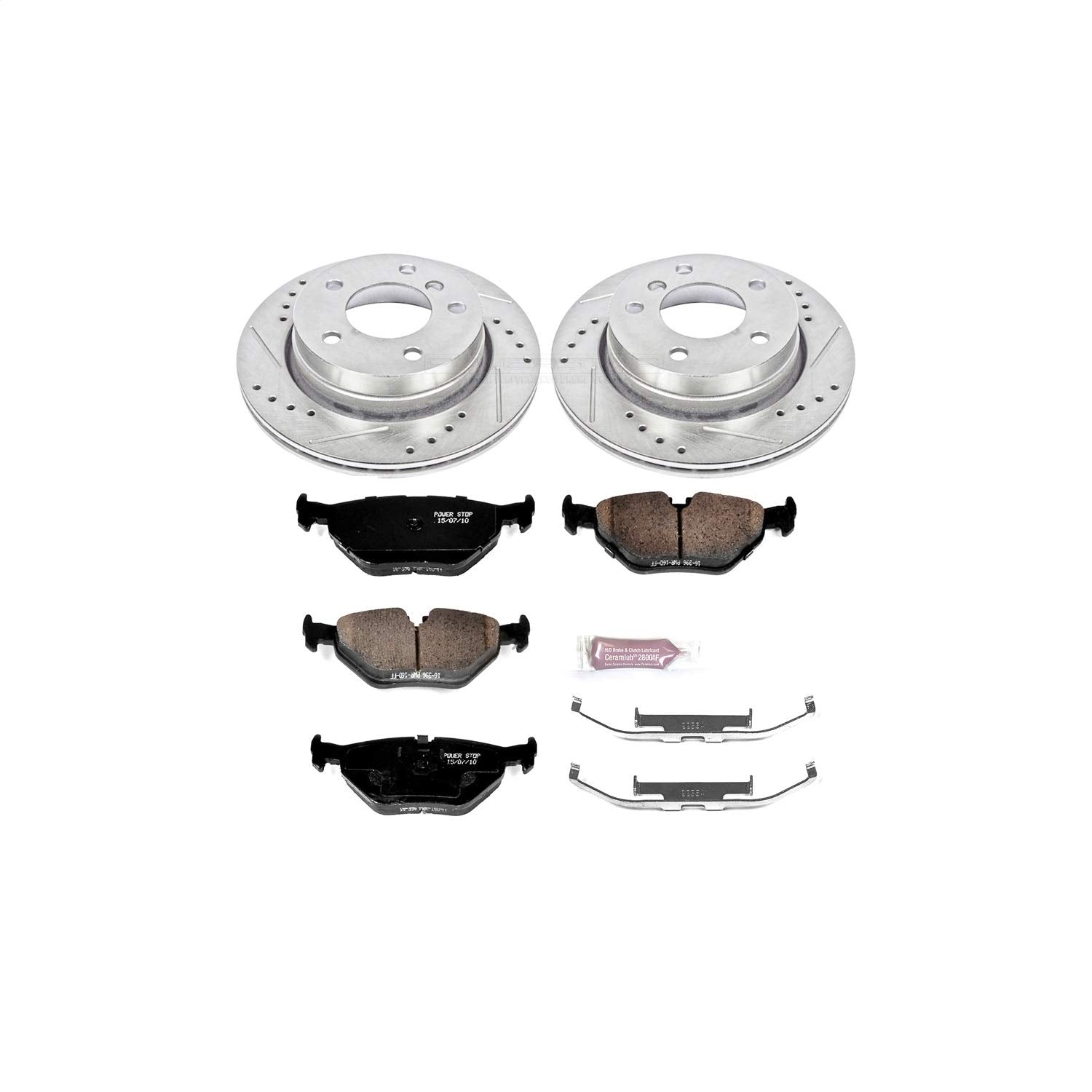 Power Stop K613 Z23 Carbon Fiber Brake Pads with Drilled & Slotted Brake Rotors Kit Rear
