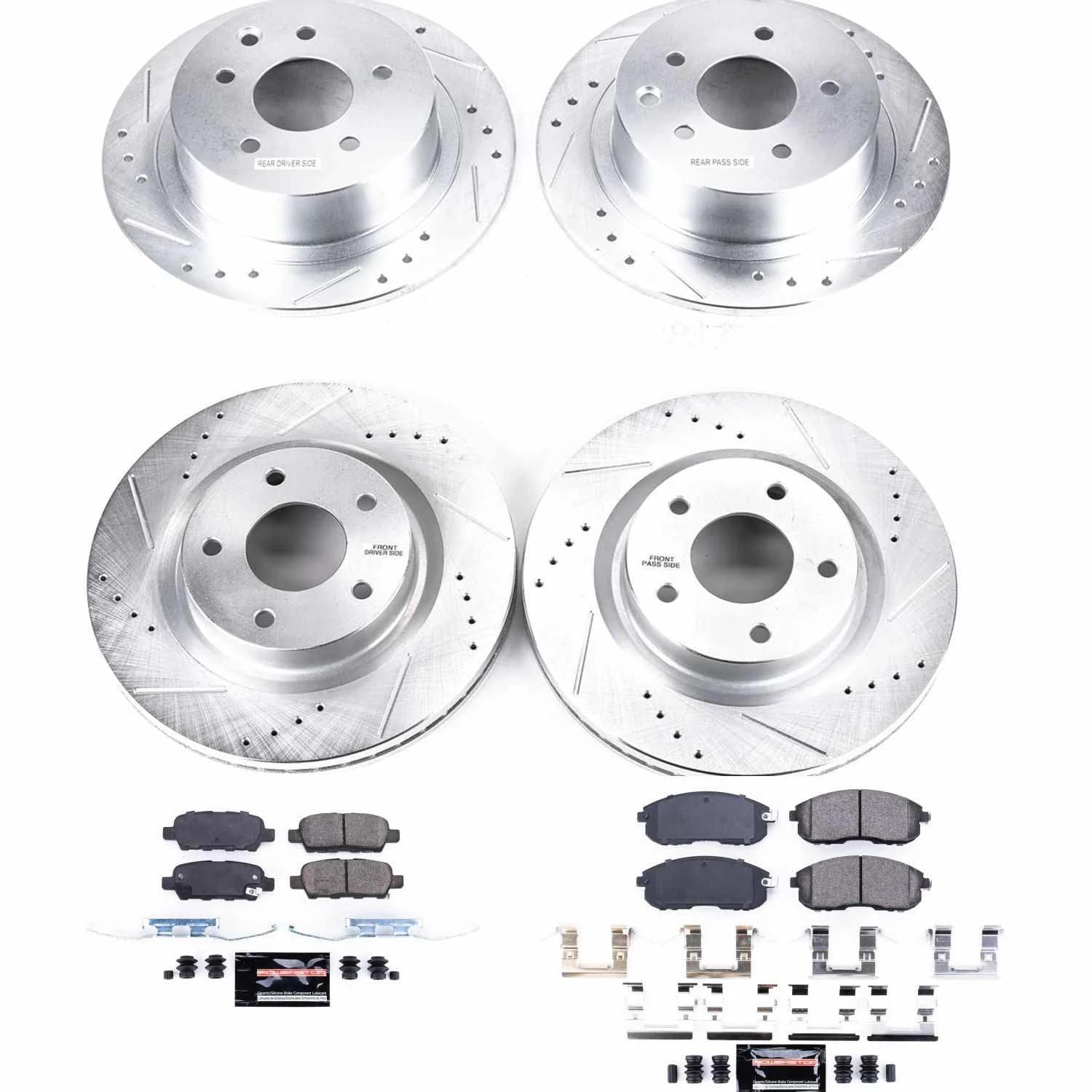 Power Stop K7865 Z23 Carbon Fiber Brake Pads Front and Rear with Drilled & Slotted Brake Rotors Kit For Nissan Altima 2007-2010 [Model Specific]