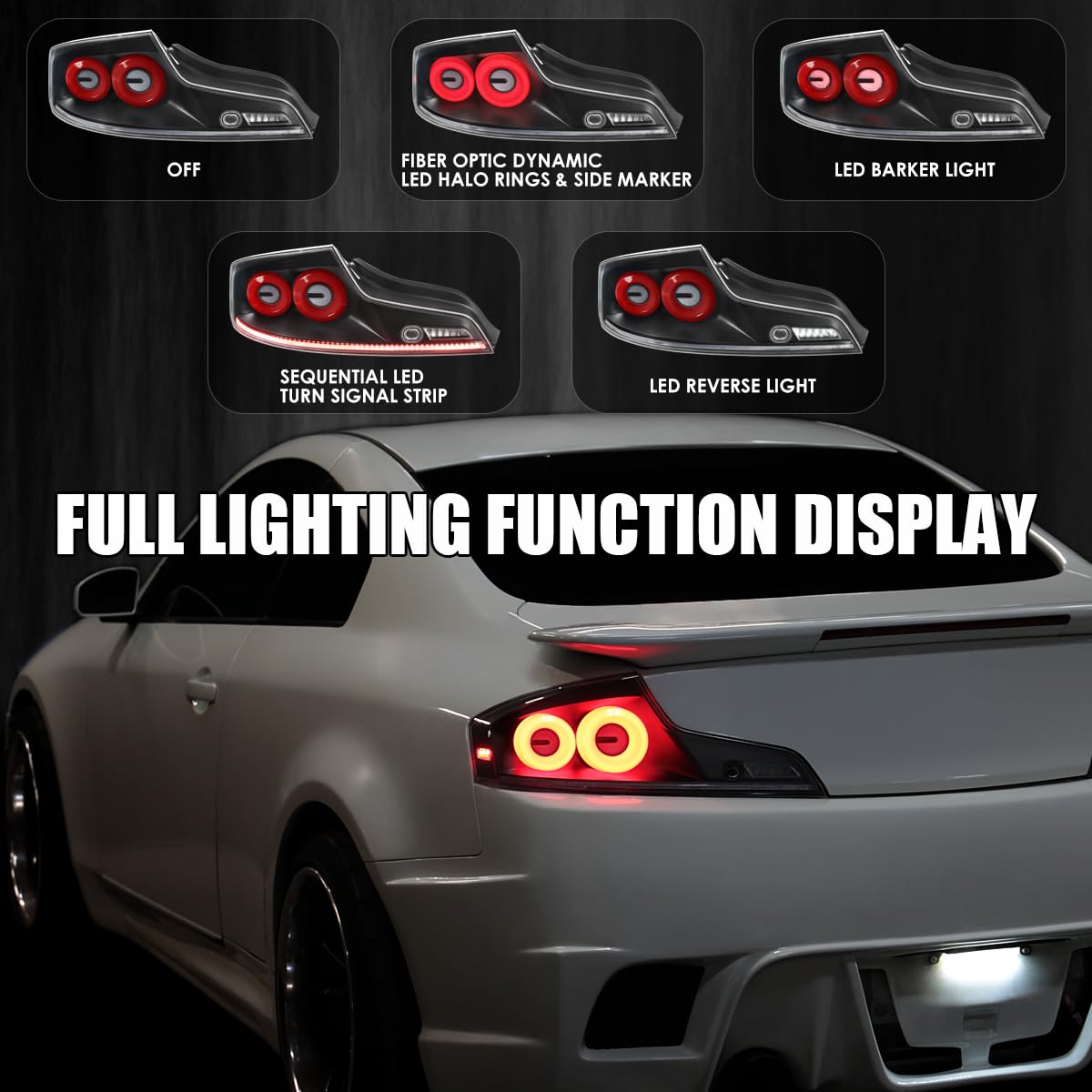 Full LED Tail Lights SPEC-D TUNING w/Red Fiber Optic Halo Ring, Sequential Turn Signal, and Startup Animation Compatible with 2003-2007 Infiniti G35, Left + Right Pair Assembly
