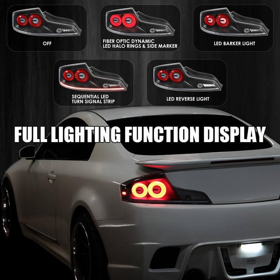 Full LED Tail Lights SPEC-D TUNING w/Red Fiber Optic Halo Ring, Sequential Turn Signal, and Startup Animation Compatible with 2003-2007 Infiniti G35, Left + Right Pair Assembly