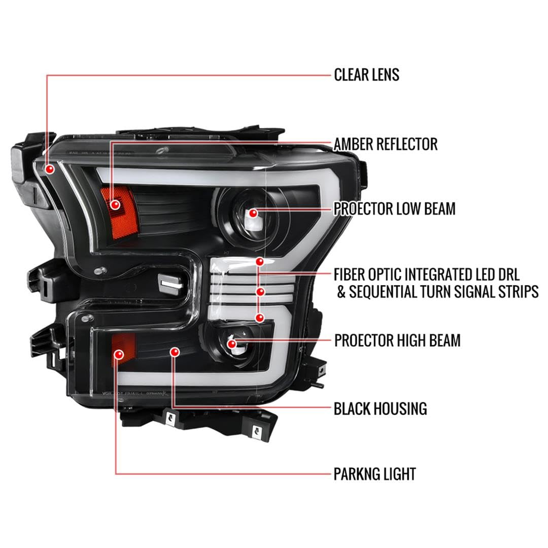 Dual Projector Headlights SPEC-D TUNING Black w/Switchback Sequential LED Tube Signal Compatible with 2015-2017 Ford F150 Left + Right Pair Headlamps Assembly
