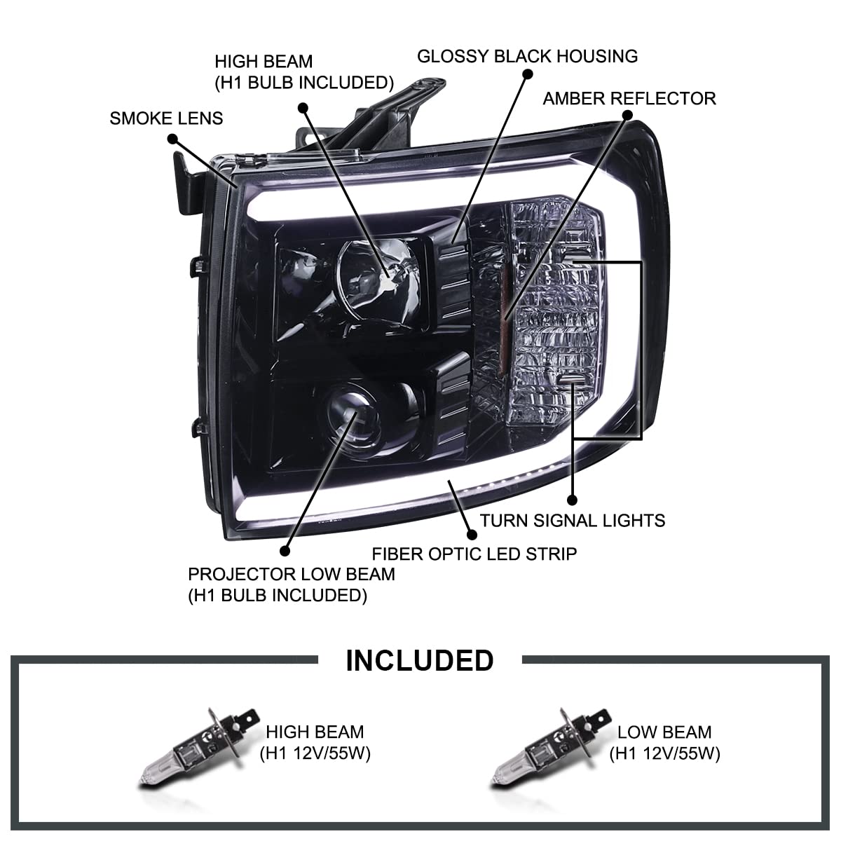 Black Smoke LED Light Tube Projector Headlights SPEC-D TUNING Compatible with 2007-2013 Chevy Silverado 1500 2500HD 3500HD, Left + Right Pair Headlamps Assembly