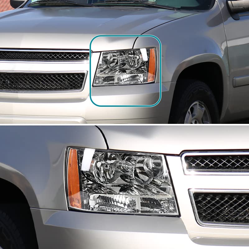 Chrome Headlights SPEC-D TUNING Compatible with 2007-2014 Chevy Avalanche, 2007-2014 Tahoe Suburban, L+R Pair Head Light Lamp Assembly