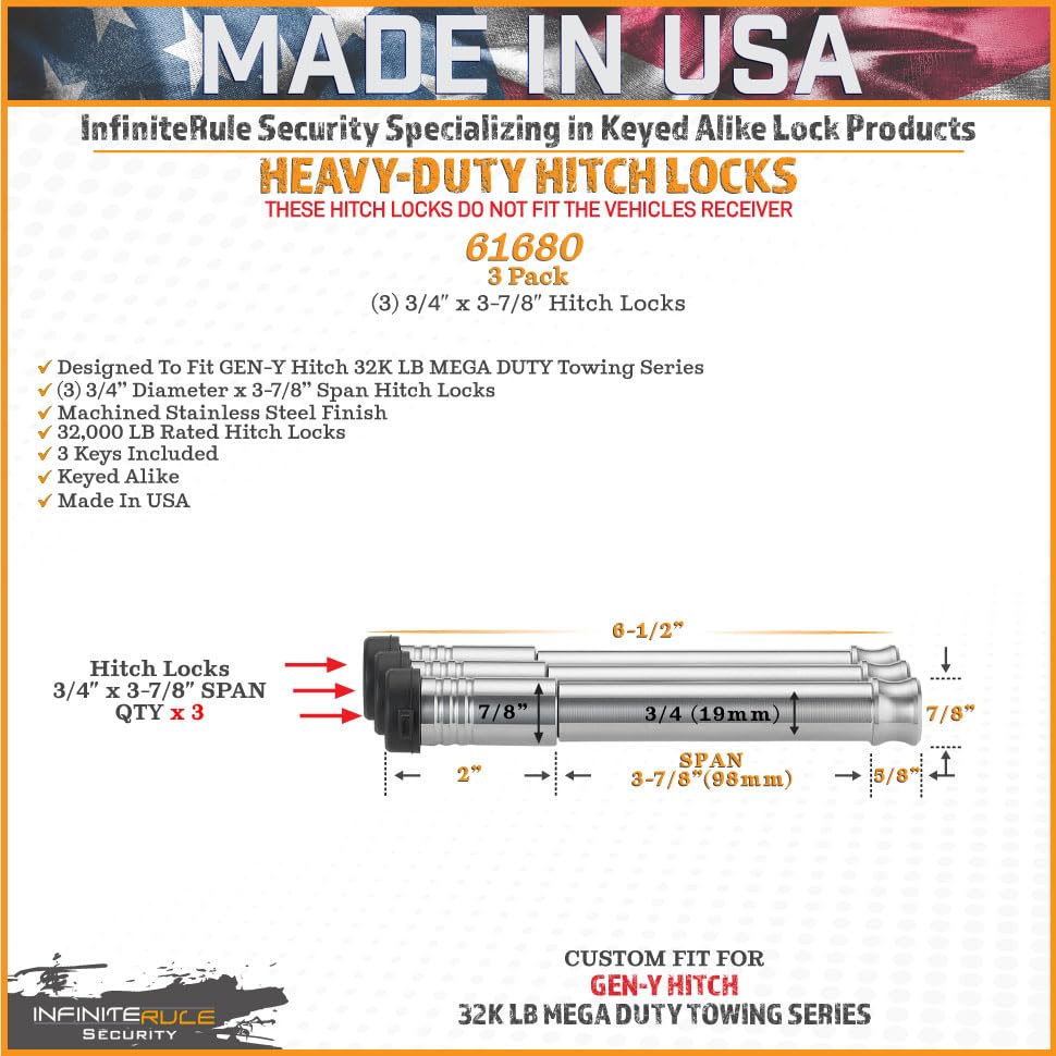 3 Pack, Keyed Alike, Hitch Locks for Gen-Y Mega Duty 32K LB Series - Fits Adjustable Ball Mount Only - Does NOT FIT Vehicle Receiver