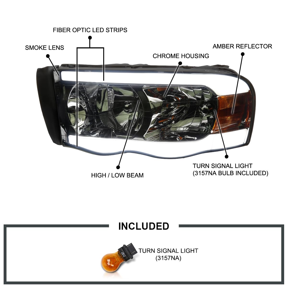 Smoke LED Tube Headlights SPEC-D TUNING Compatible with 2002-2005 Dodge Ram 1500, 2003-2005 Dodge Ram 2500/3500, Left + Right Pair Headlamps Assembly