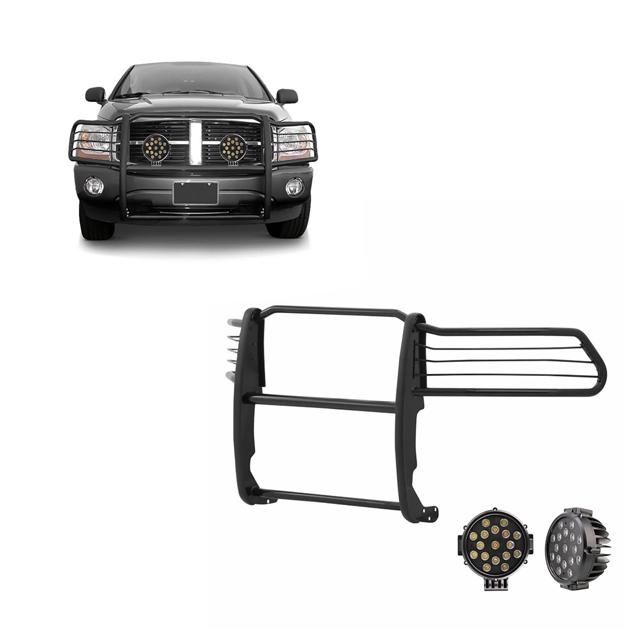 Bumper Guard Modular Black Horse Grille brush Come With pair of 7.0"Dia.LED Lights with Black Trim Rings Compatible with 2003-2005 Dodge Ram 1500/2500/3500-17DG105MA-PLB
