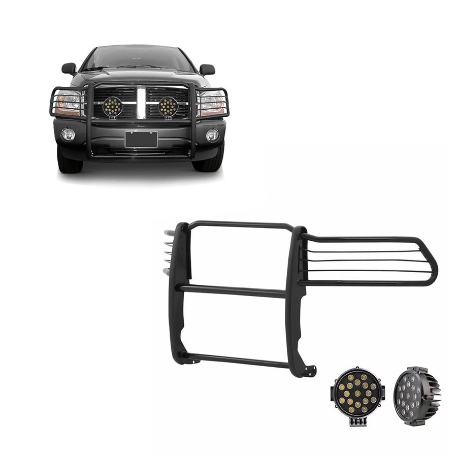Bumper Guard Modular Black Horse Grille brush Come With pair of 7.0"Dia.LED Lights with Black Trim Rings Compatible with 2003-2005 Dodge Ram 1500/2500/3500-17DG105MA-PLB