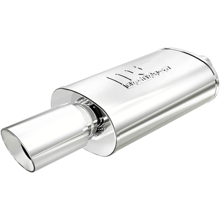 Performance MagnaFlow Exhaust Muffler 14851: 2.25"/4" Inlet/Outlet, 5x8x14" Oval, Stainless Steel, Brushed Finish