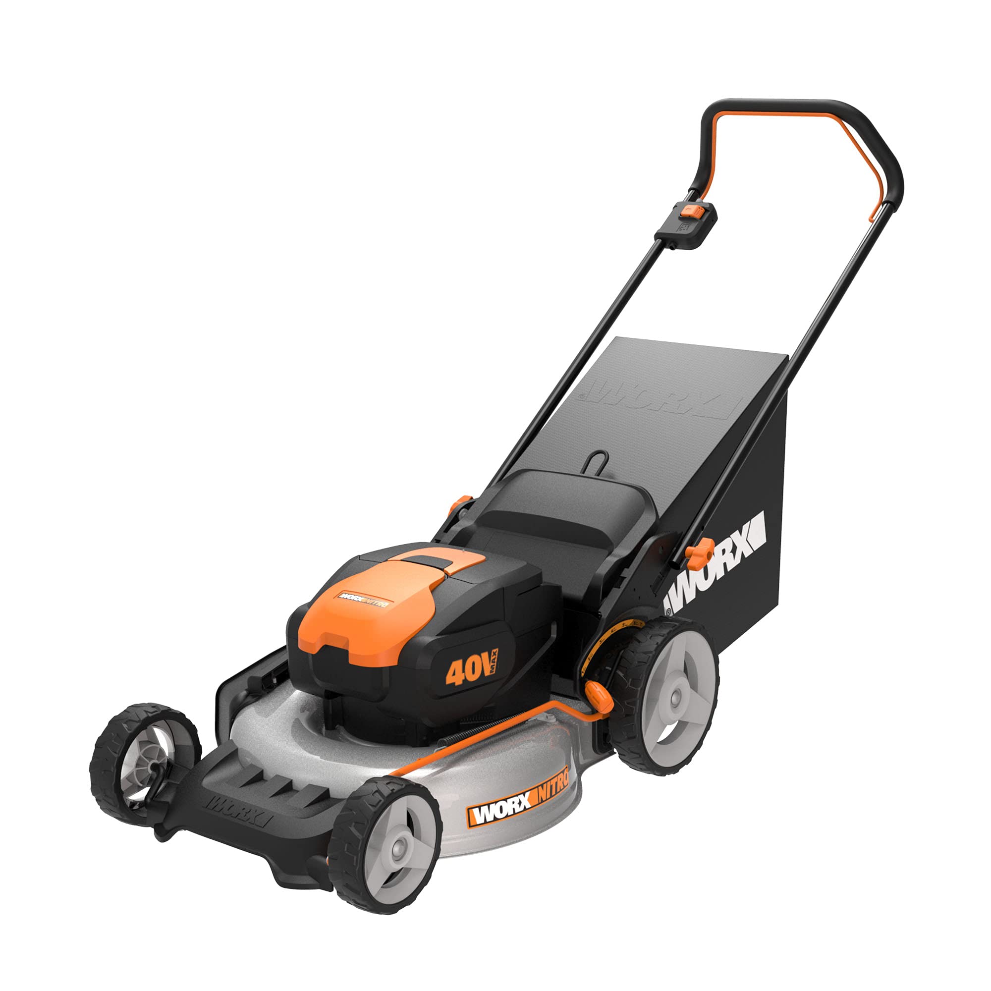 Worx 20" Cordless Lawn Mower Nitro, 3 in 1 Electric Mower with Collapsible Handle, Push Lawn Mower with 7-Position Height Adjustment, 2 Batteries & Charger Included, WG751.3