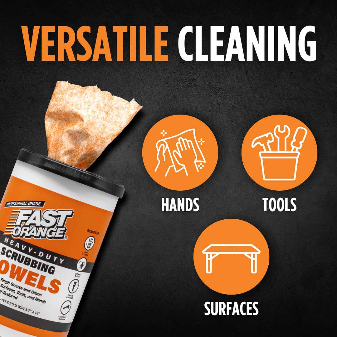 Heavy Duty Fast Orange Scrubbing Towels Removes Tough Grease, Grime, Paint, Resins, Glue and More, for Hands, Tools and Surfaces Without Sticky Residue, 72 ct