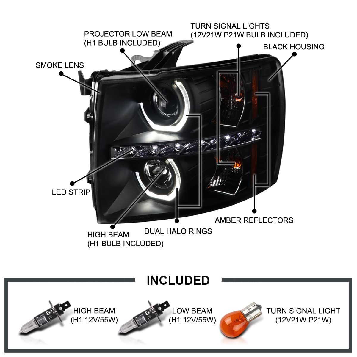 Black Smoke Spec-D Tuning Halo Projector Headlights w/LED Compatible with 2007-2013 Chevy Silverado 1500, 2007-2014 Chevy Silverado 2500HD/3500HD, Left + Right Pair Headlamps Assembly