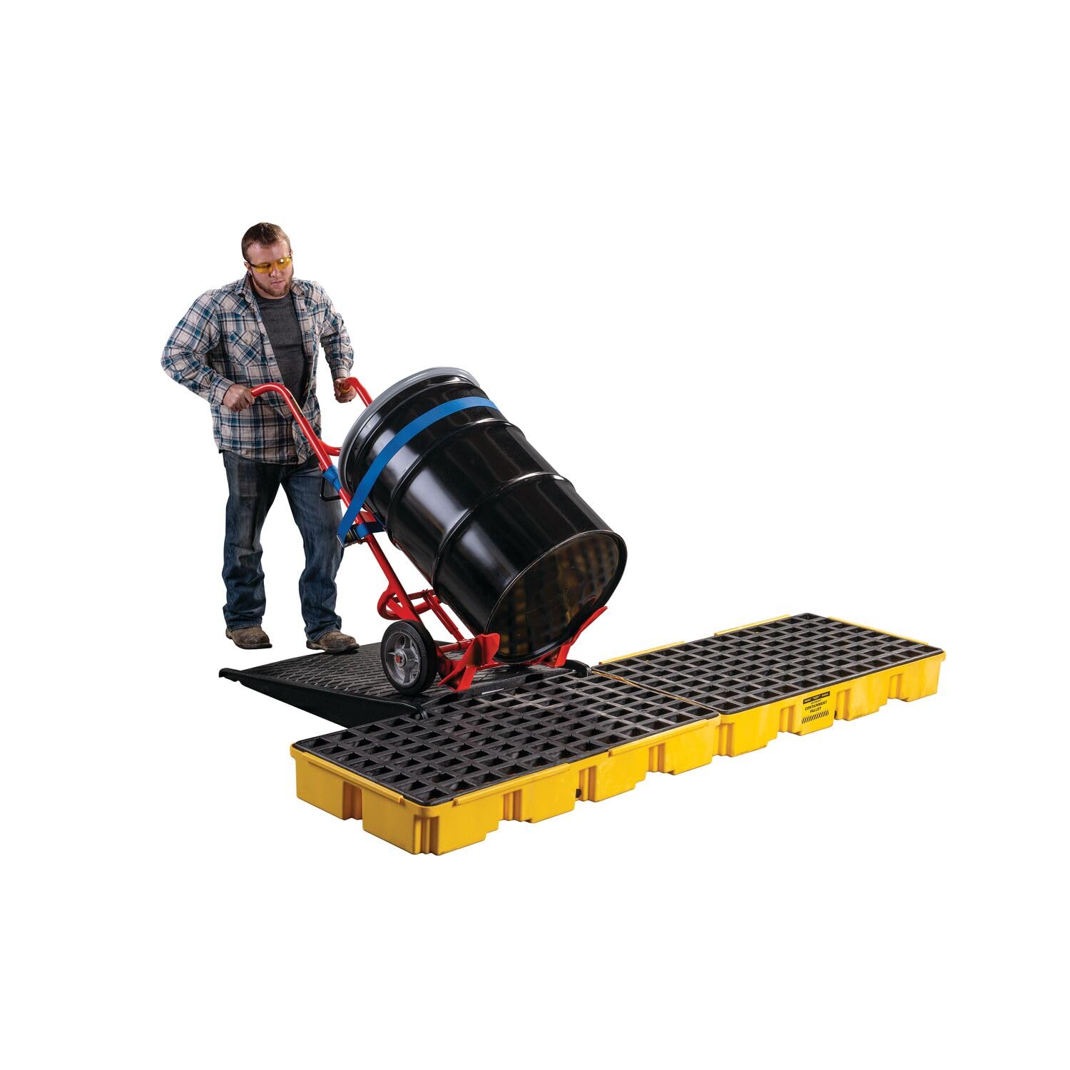 4 Drum Eagle Spill Platform with Drain and Forklift Pockets, 103.5"x26.5"x6.5", 60.5 Gallon Sump, 10,000 lbs. Load Capacity Containment Tray, Made in USA, Yellow, 1647D