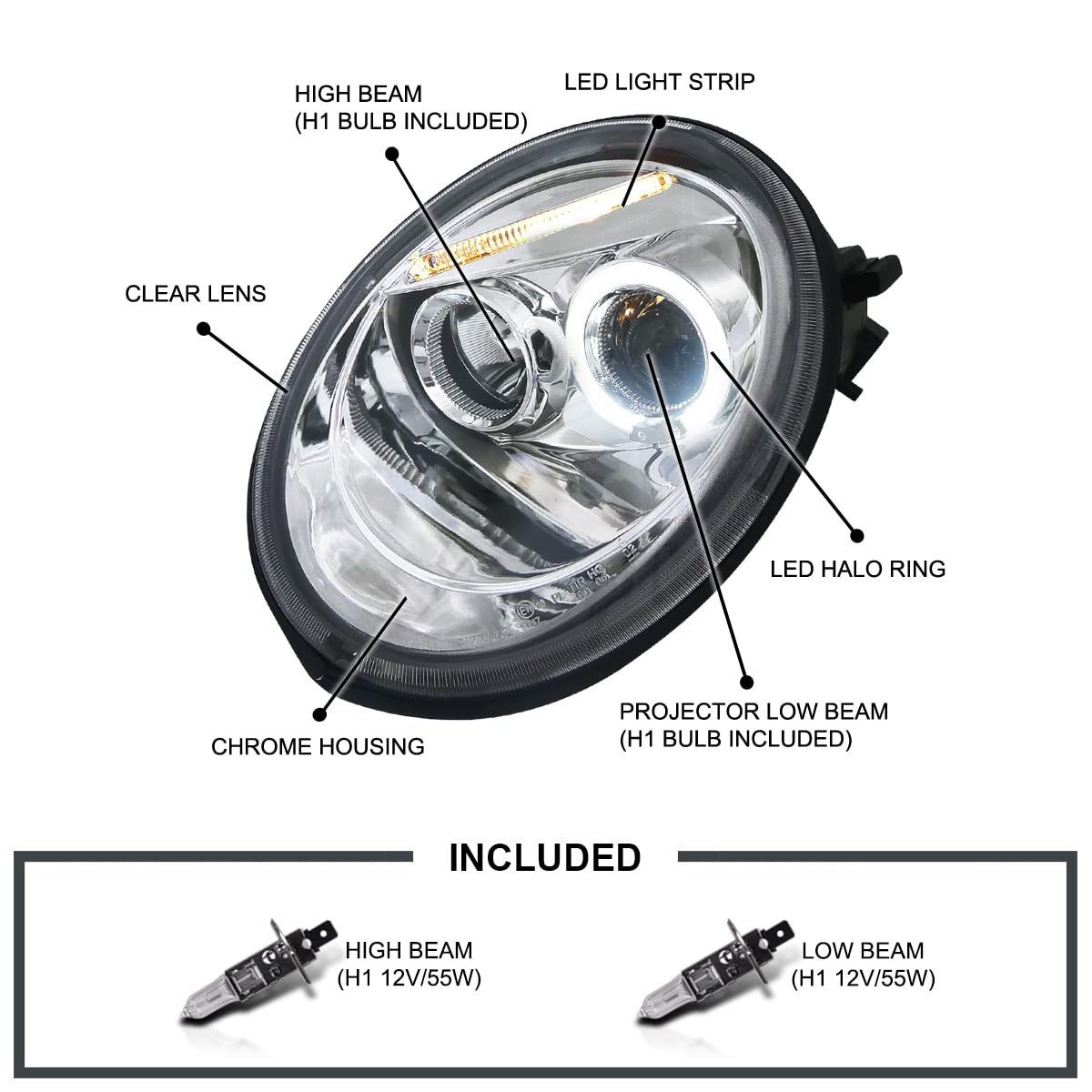 Chrome Housing SPEC-D TUNING Clear Lens Projector Headlights Compatible with 1998-2005 Volkswagen Beetle With Factory Halogen Headlight, Left + Right Pair Headlamps Assembly