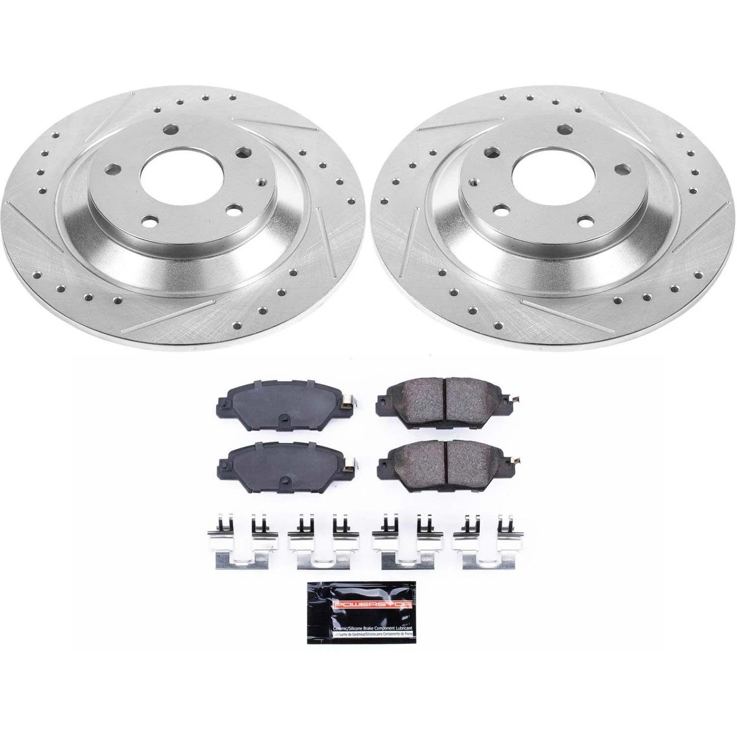 Power Stop K7516 Z23 Rear Carbon Fiber Brake Pads with Drilled & Slotted Brake Rotors Kit For Mazda CX-5 2016-2023 [Model Specific]