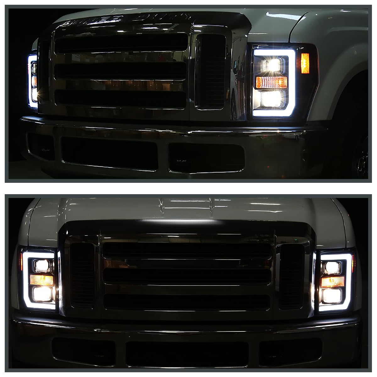 Black Projector Headlights w/LED Bar SPEC-D TUNING Compatible with 2008-2010 Ford F-250, F-350, F-450, F-550 Super Duty, Left + Right Pair Headlamps Assembly