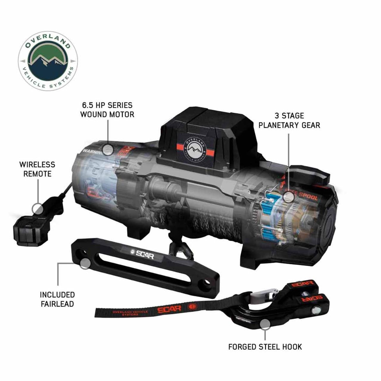 Scar Off Road Overland Vehicle Systems 19129901 12V Electric Winch with Synthetic Rope & Wireless Remote - 12,000 lb Pulling Capacity - Waterproof IP68 Rated - Perfect for Off-Road Recovery
