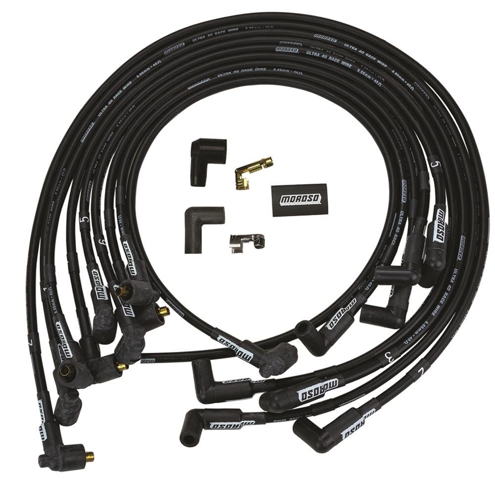 Moroso Black 73708 Ultra 40 Spark Plug Wire Set, Fits Small Block Chevy w/ 90 Degree Plug Ends, HEI Distributor, Under Header Routing