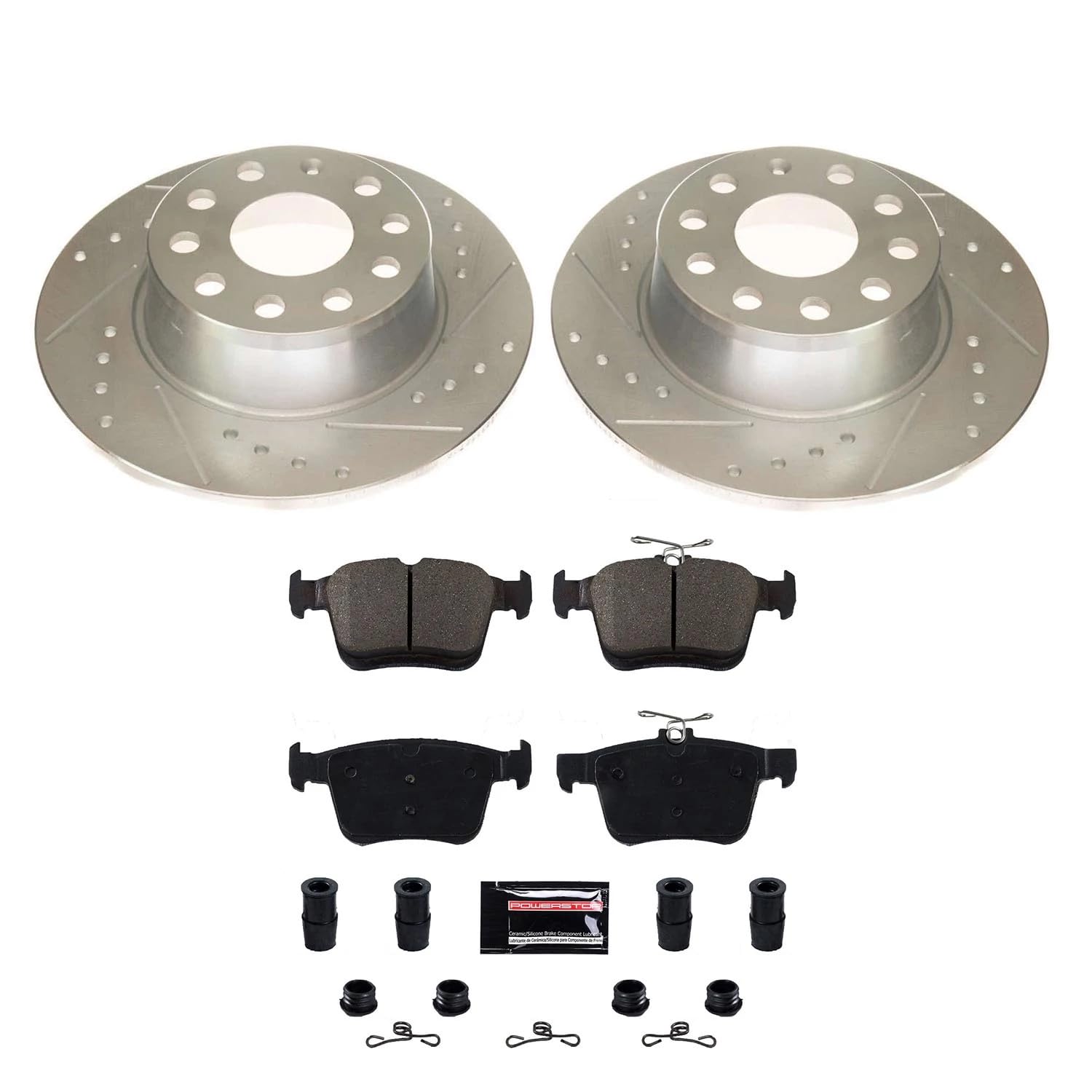 Z23 Power Stop K8337 Rear Brake Kit-Drilled/Slotted Brake Rotors & Carbon Ceramic Brake Pads For Volkswagen Jetta 2019-2022, Volkswagen Taos 2022-2024 [Model Specific]