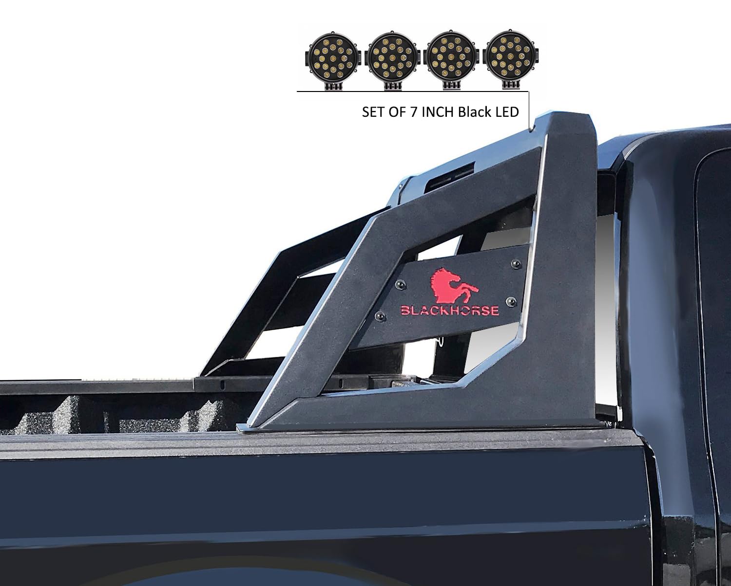 Armour Roll Bar Black Horse incl. Pair of 7.0" Dia. LED Lights w/Black Trim Rings Matte Black Compatible with 2005-2021 Nissan Frontier-ARB-NIFRB-PLB