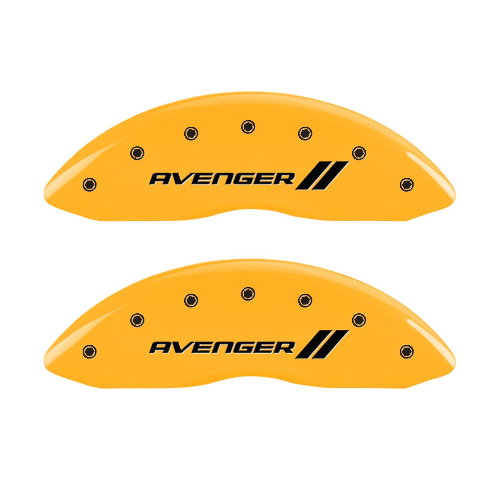Caliper Covers MGP 12192SAV1YL, Set of 4 (Yellow Engraved Front and Rear: with Stripes/Avenger Powder Coat Finish Black Characters)