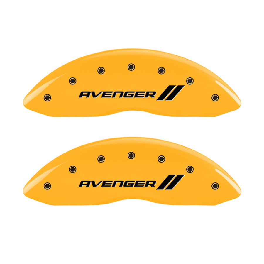 Caliper Covers MGP 12192SAV1YL, Set of 4 (Yellow Engraved Front and Rear: with Stripes/Avenger Powder Coat Finish Black Characters)