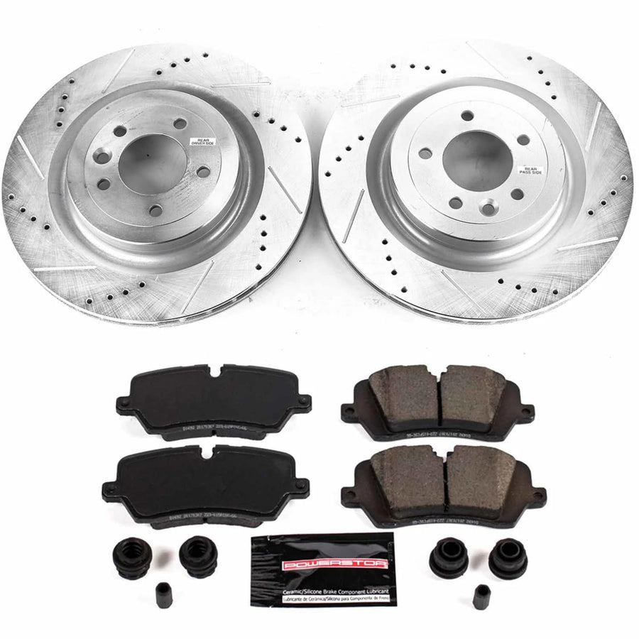 Power Stop K8385 Rear Z23 Carbon Fiber Brake Pads with Brake Rotors Drilled & Slotted Kit and 1 Rear Sensor Wire For Defender, Defender, Range Rover, Range Rover Sport [Model Specific]