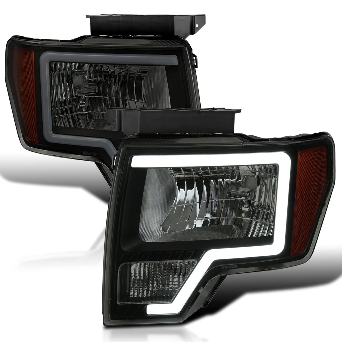 Black Smoke LED Tube Headlights SPEC-D TUNING Compatible with 2009-2014 Ford F150 F-150, Left + Right Pair Headlamps Assembly