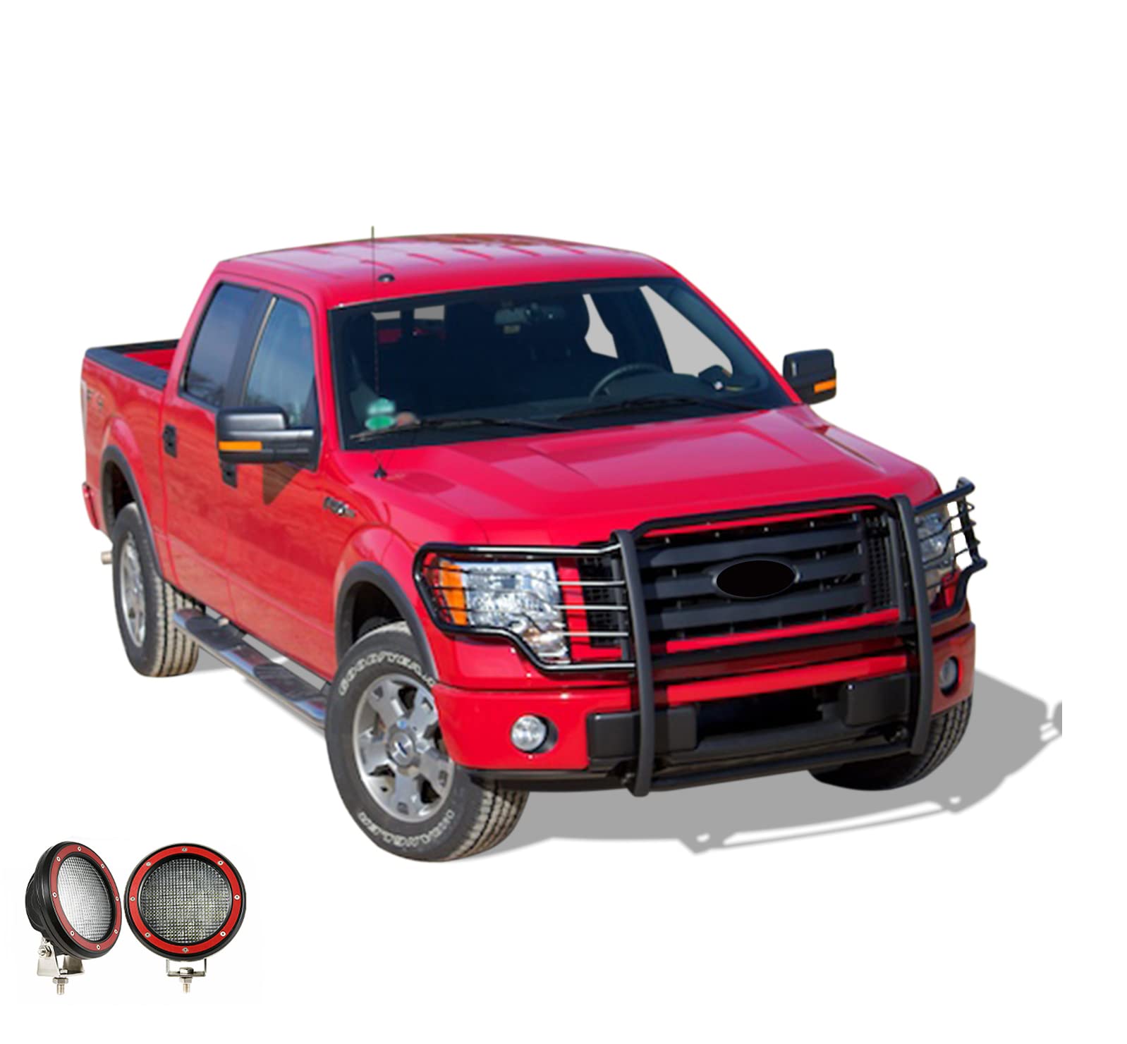 Bumper Guard Black Horse Grille Brush Modular Black Come with Pair of 5.3" Dia.LED Lights with Red Trim Rings Compatible with 2009-2014 Ford F-150-17FP30MA-PLFR