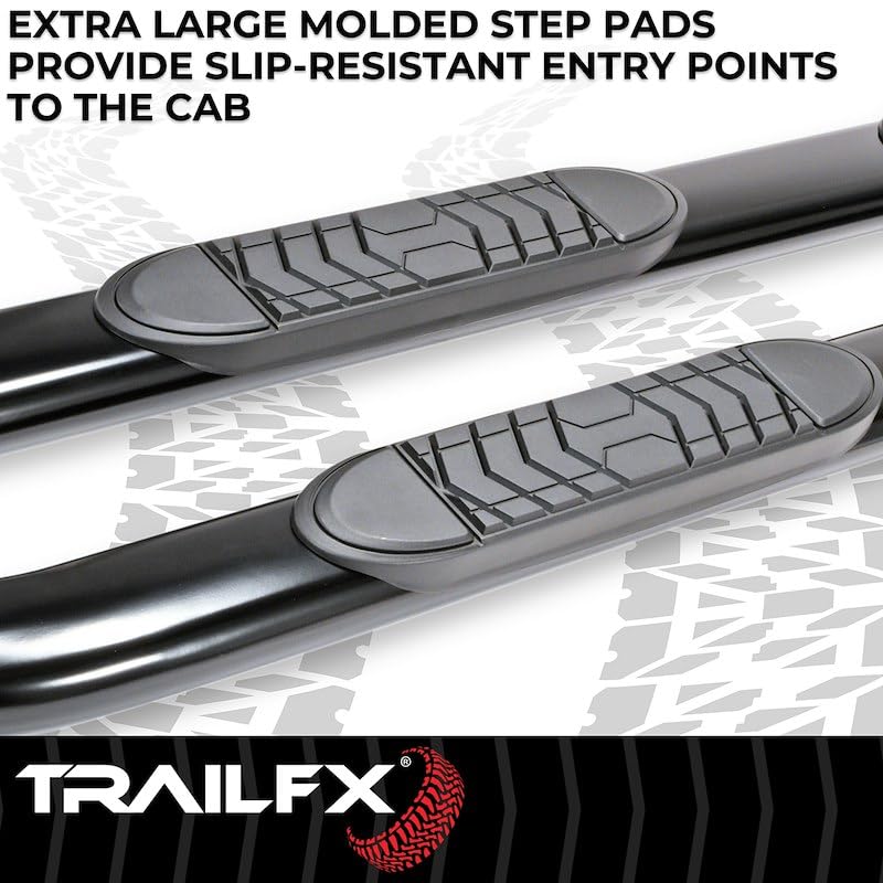 Toyota Tacoma Crew Cab TrailFX A7068B Truck Running Board Fits 2005-2023 Oval 5 Inch Bent Side Bars with Step Pads, Black Powder Coated Steel, Welded End Caps, Rocker Panel Mount