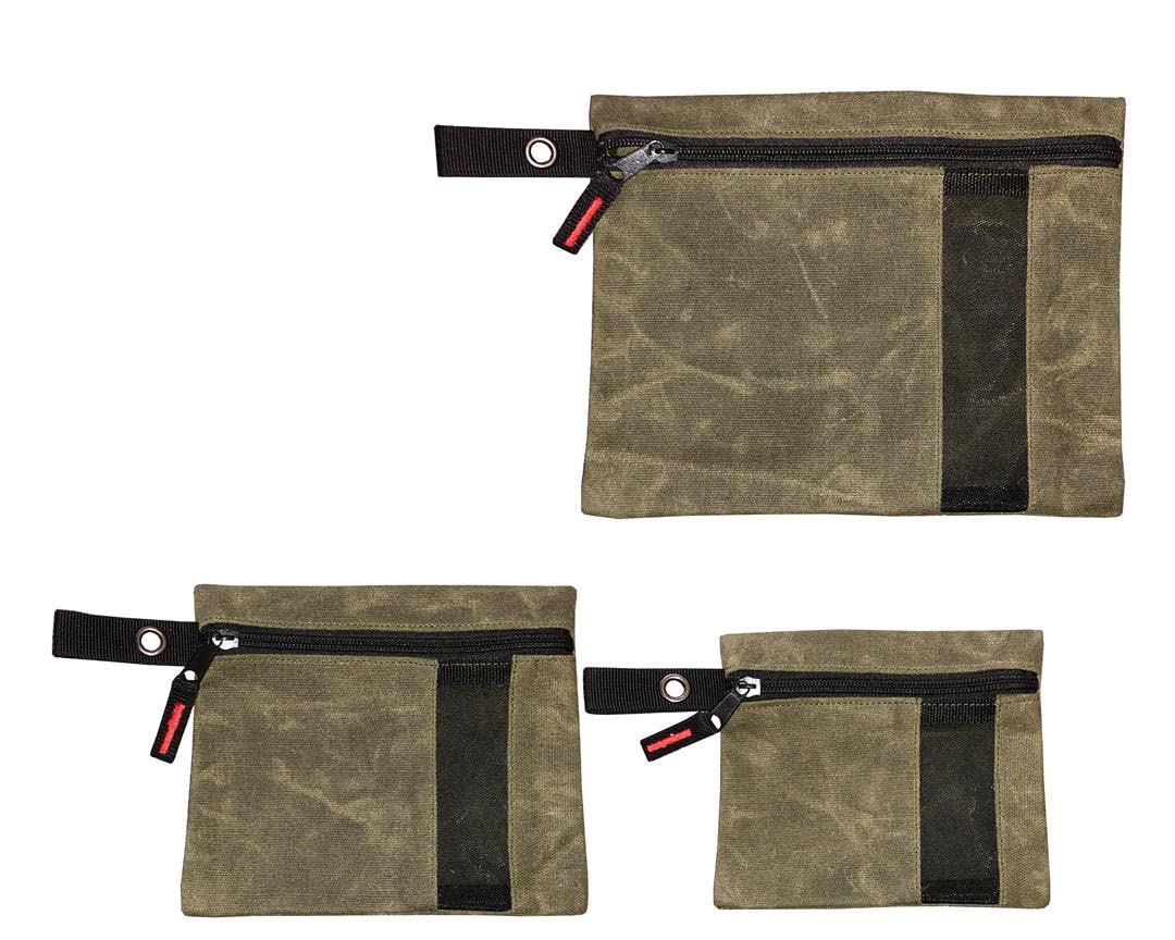 Overland Vehicle Systems 3-Bag Small Size Set of Storage Bags with Mesh Windows- #12 Waxed Canvas - Infused with Paraffin Wax Waterproofing - Universal For, Tools, Automotive, and more!