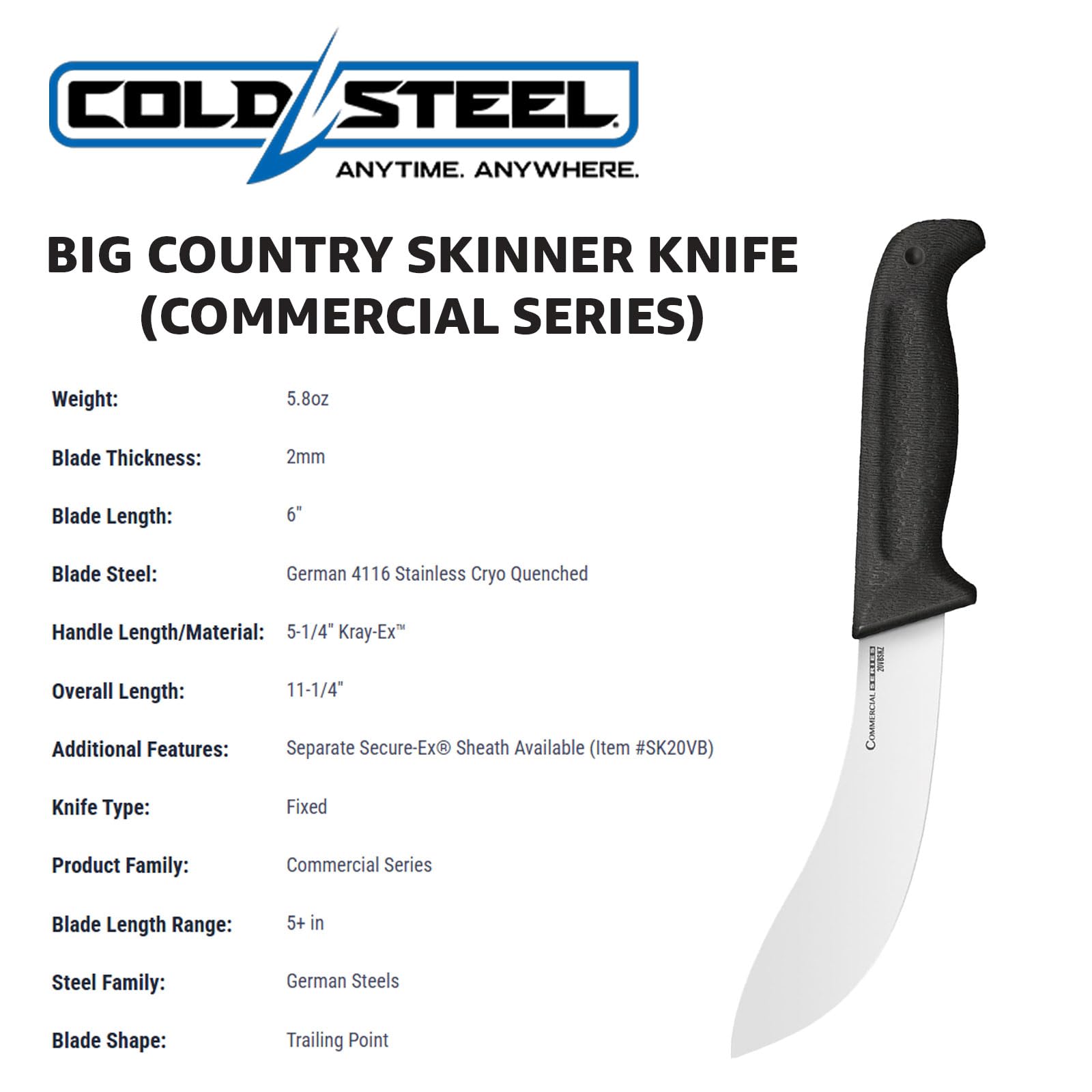 Cold Steel Skinner Knife Big Country 6" Durable German 4116 Stainless Steel Fixed Blade Knife with Non-Slip Handle Precision Cutting Tool for Chefs, Butchers, & Outdoor Use Commercial Series