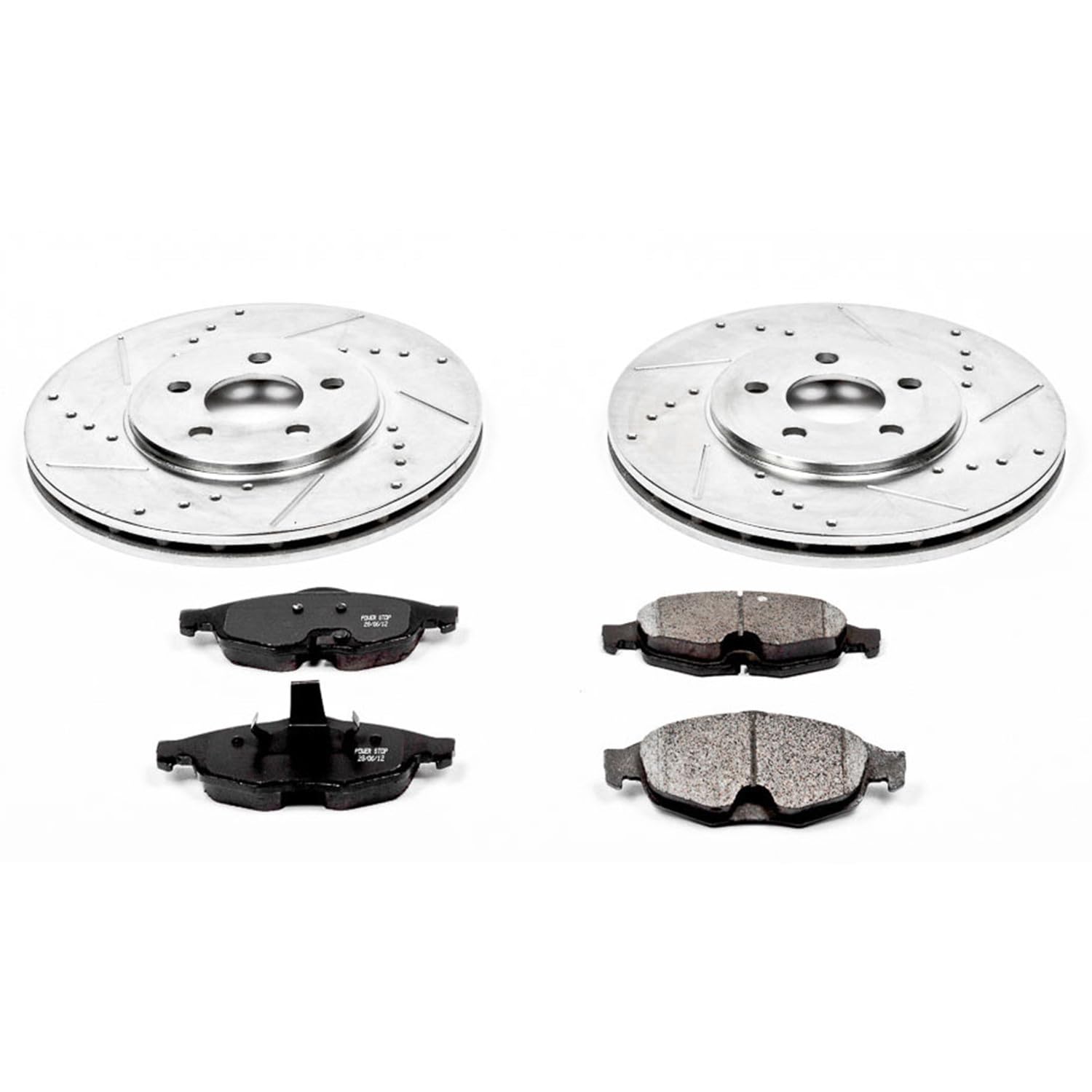 Power Stop K1684 Z23 Carbon Fiber Brake Pads with Drilled & Slotted Brake Rotors Kit For Chrysler Sebring 2001-2006, Dodge Stratus 2001-2006 [Model Specific]