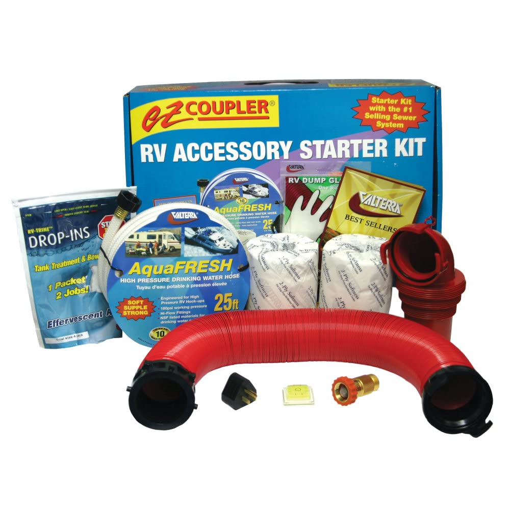 Valterra K88205 RV Accessory Starter Kit, Universal Sewer Hose, Drinking Water Hose, Adapters, and More, 16 Piece Set
