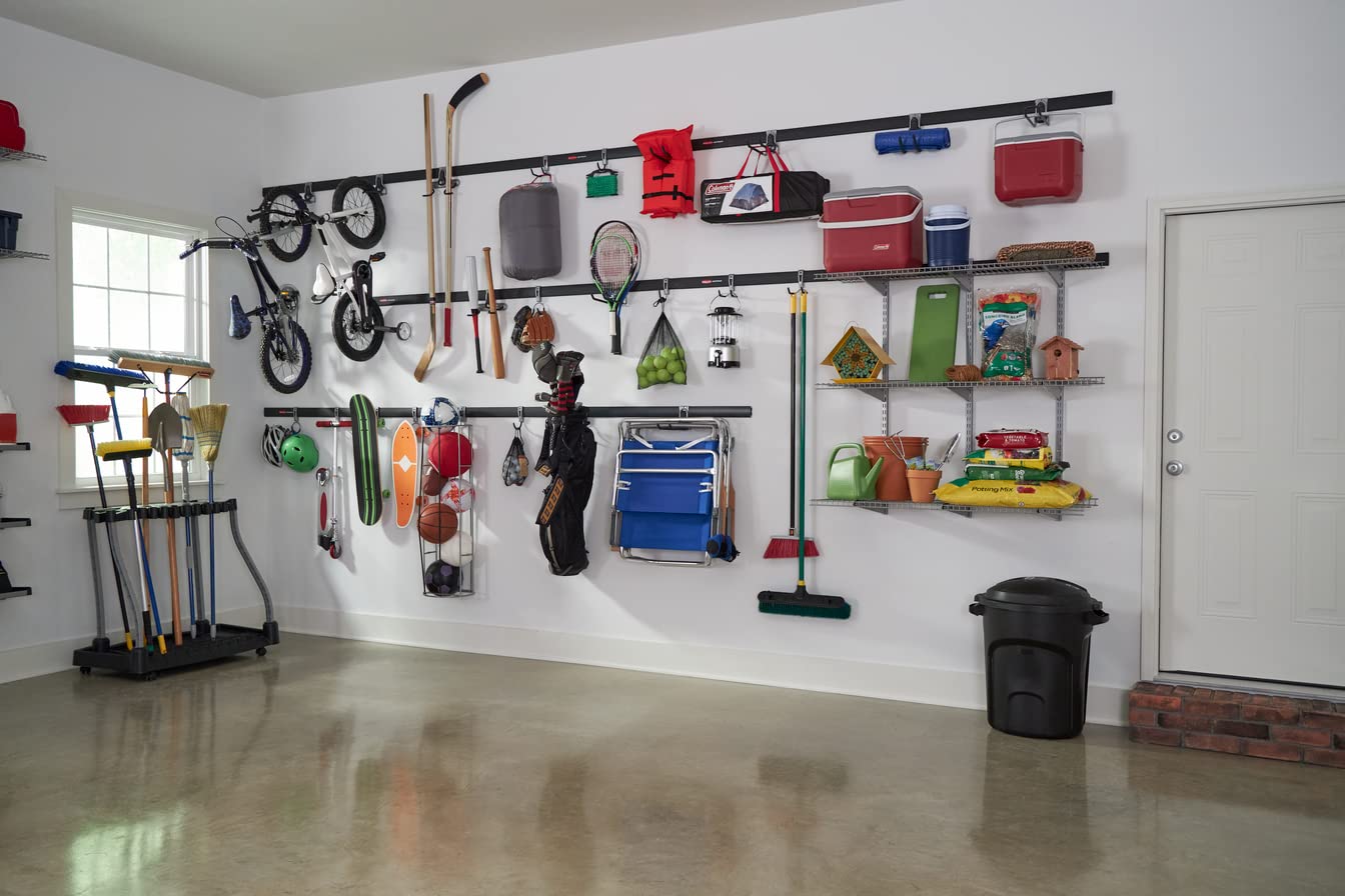 24-Piece Rubbermaid FastTrack Garage Wall-Mounted Storage Kit, 6 Rails and 18 Hooks, Black, for Home/House/Tool/Sports/Equipment/Utility Purposes