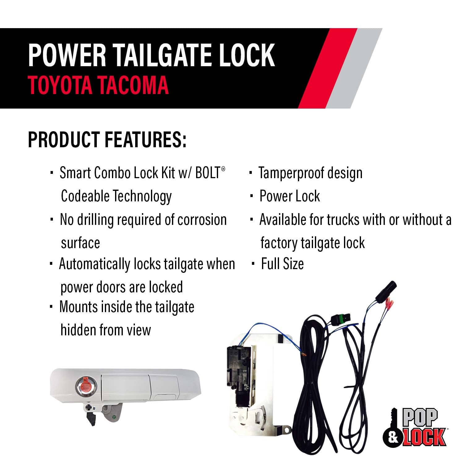 Power Tailgate Smart Lock Combo – Pop & Lock with Bolt Technology for Toyota Tacoma, Fits 2005 to 2015 Models (OEM Color Super White, PL85403)