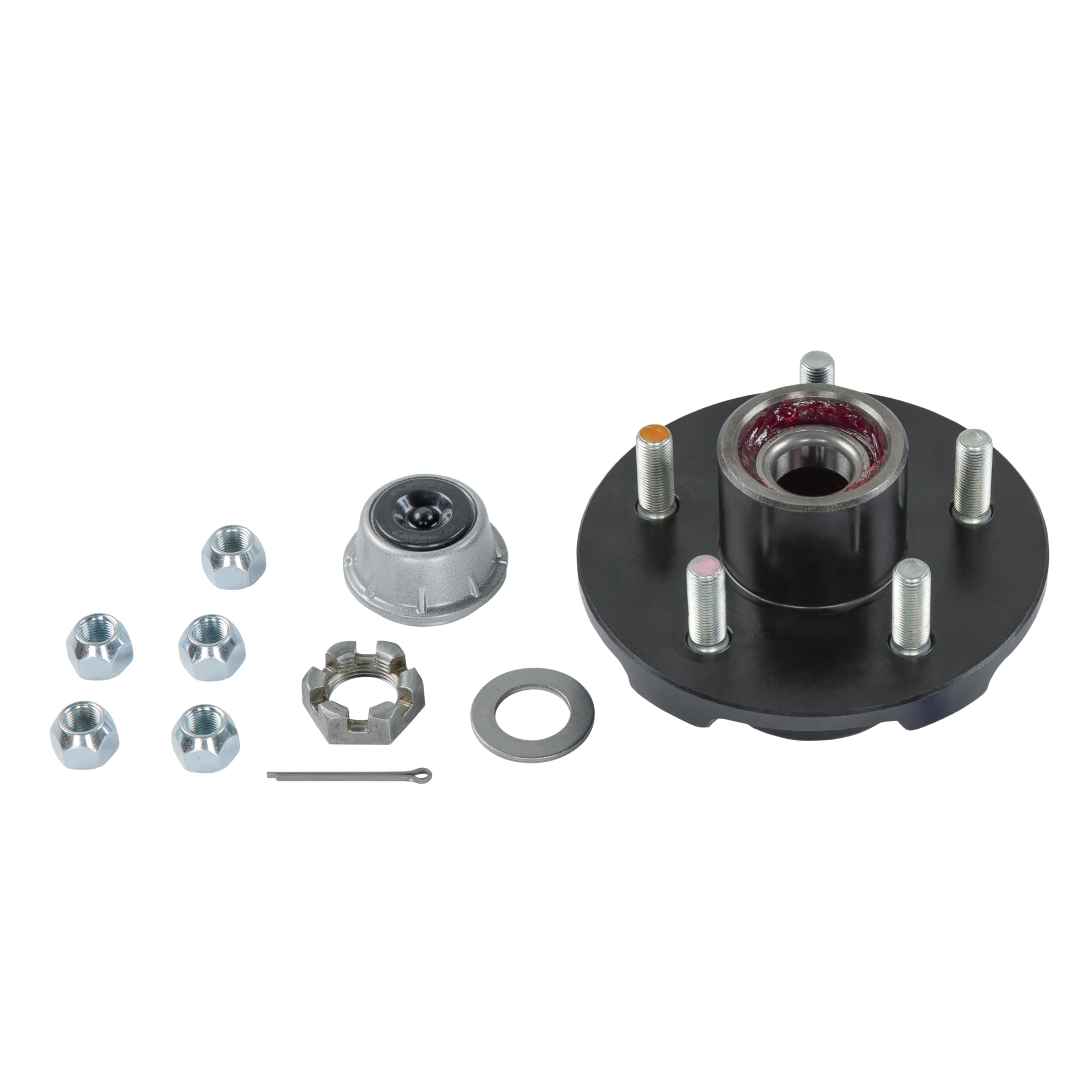 Lippert Pre-Greased Complete Hub Assembly Kit for 3,500-lb. Axle Hubs with Brake Hub Assembly, Dust Cap, Cotter Pin, 6-Slot Castle Spindle Nut, Round Spindle Washer, (5) 60° Cone Trailer Lug Nuts