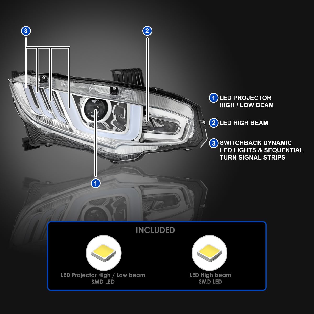 Full LED Projector Headlights SPEC-D TUNING w/Switchback and Sequential Signals Compatible with 2016-2021 Honda Civic Models with Factory LED Headlights