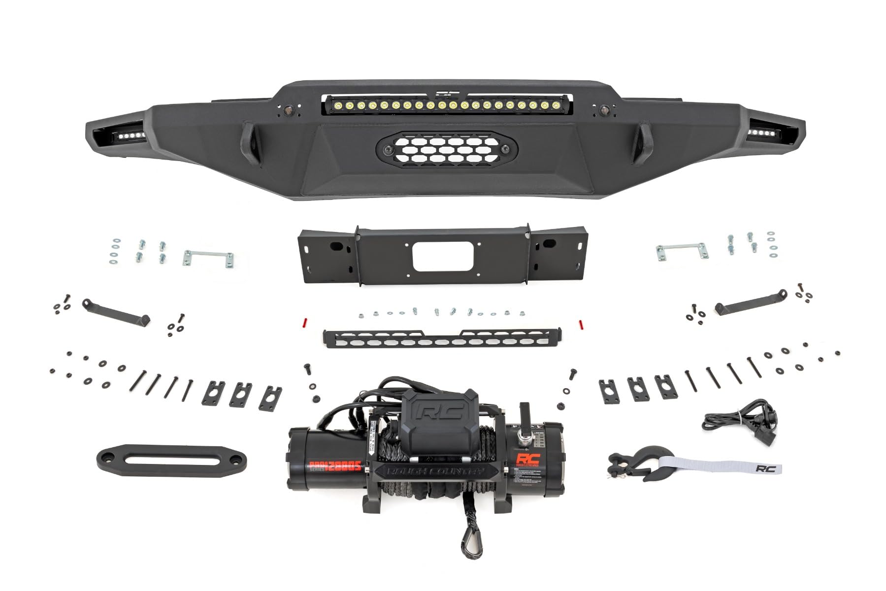 Rough Country Hybrid Front Bumper with LED Light & PRO12000S Winch for Toyota Tundra (2022-2024) - 12000 LB Synthetic Rope Winch, 20" LED Bar Amber DRL, Dual 6" Slimline LEDs