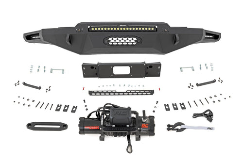 Rough Country Hybrid Front Bumper with LED Light & PRO12000S Winch for Toyota Tundra (2022-2024) - 12000 LB Synthetic Rope Winch, 20" LED Bar Amber DRL, Dual 6" Slimline LEDs