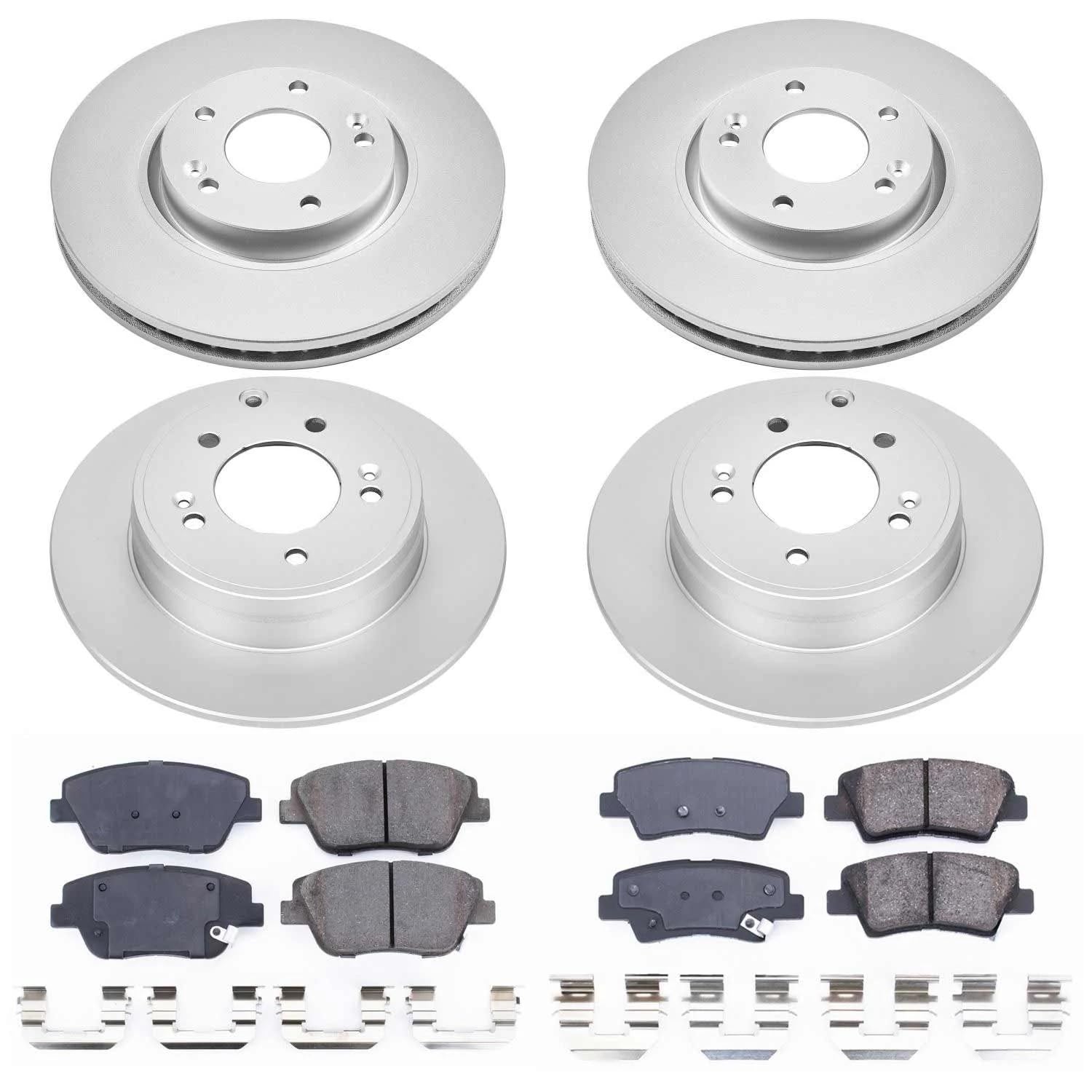 Power Stop CRK5376 Coated Brake Rotors and Ceramic Brake Pads Front and Rear Brake Kit For 2011-2015 Sonata [2015 Hybrid Only] | 2011-2016 Optima [Application Specific]