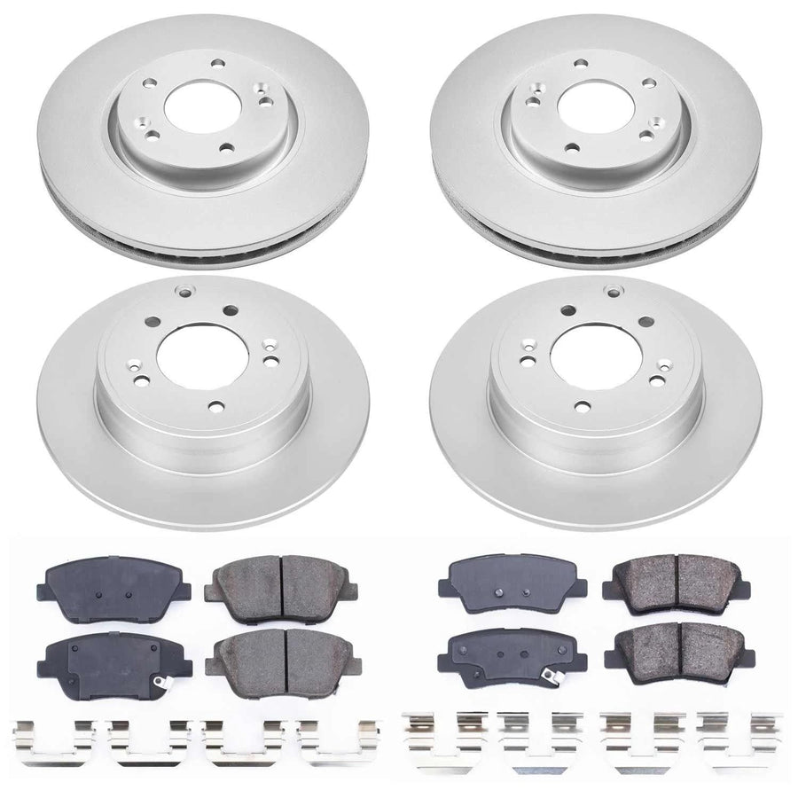 Power Stop CRK5376 Coated Brake Rotors and Ceramic Brake Pads Front and Rear Brake Kit For 2011-2015 Sonata [2015 Hybrid Only] | 2011-2016 Optima [Application Specific]