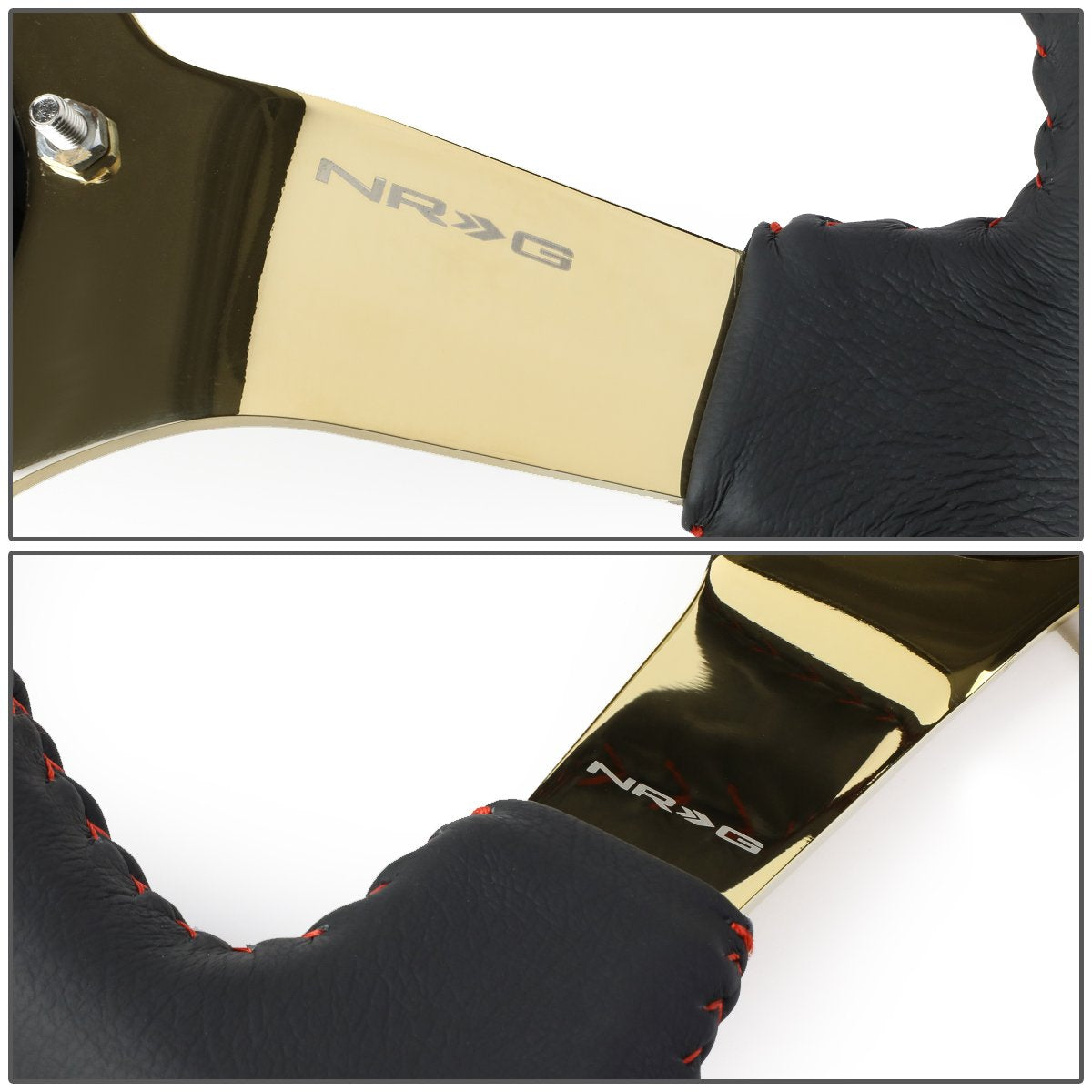 NRG Innovations Reinforced NRG-RST-036GD Steering Wheel - 350mm Sport Steering Wheel (3' deep) Black Leather with Red Baseball Stitching - Chrome Gold Spoke