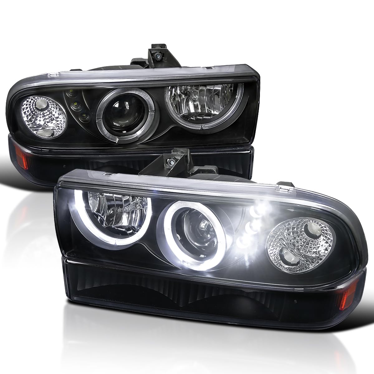 Black Halo SMD LED Projector Headlights + Black Bumper Lights SPEC-D TUNING Compatible with 1998-2004 Chevy S10, Left + Right Pair Headlamps Assembly