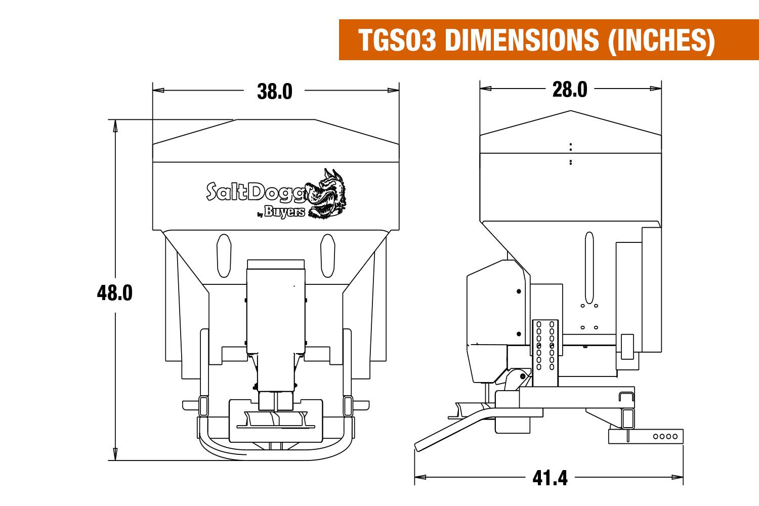 SaltDogg Buyers Products TGS03 Tailgate Salt Spreader, Made In The USA, 8 cu ft/600 lb Capacity, Horizontal Auger Feed, Commercial Salt Spreader For Truck Tailgate, Receiver Hitch Mount